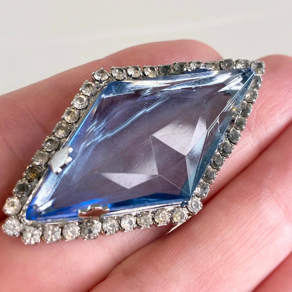 Vintage Brooch Set Blue Rhinestone Mid Century Faceted Silver Tone Jewelry READ